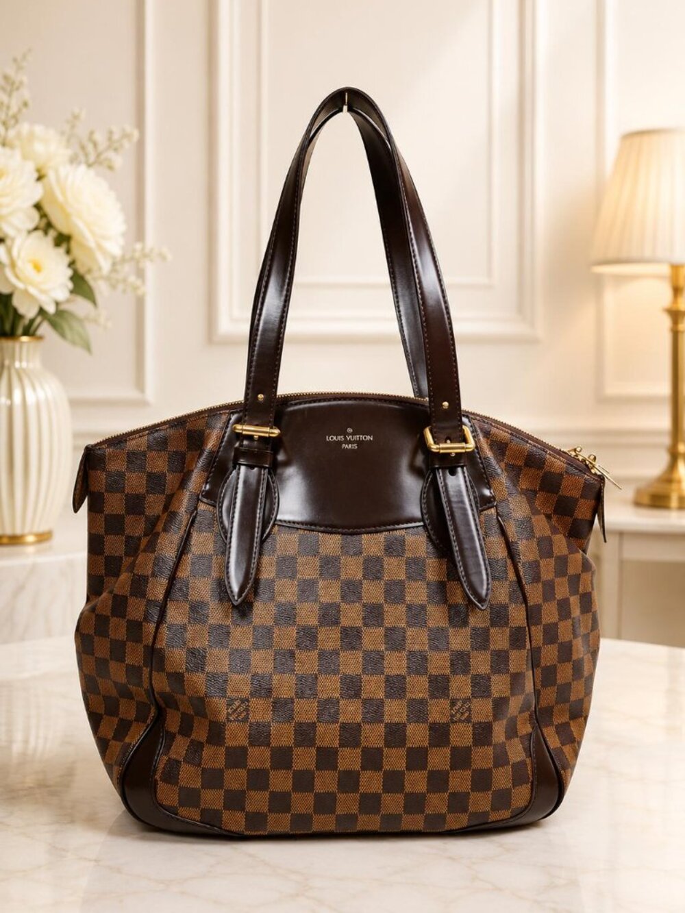 Authentic Louis Vuitton Verona GM Damier Ebene Tote Brown Leather Shoulder Bag